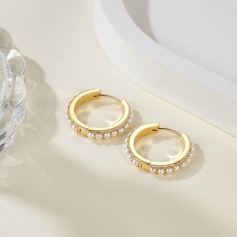 Pearl Earrings for Women 14K Gold Pearl Hoop Earrings for Women Small Gold Pearl Earrings Dainty Pearl Earrings Elegance Gold Pearl Huggie Hoop Earrings 13 MM/18 MM in Saudi Arabia