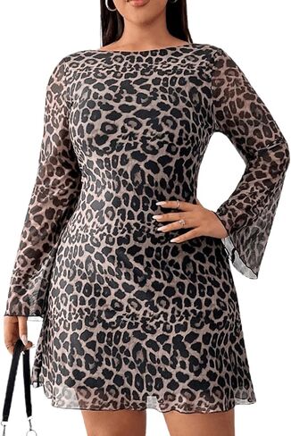 MakeMeChic Women's Plus Size Leopard Print Dress Bell Sleeve Cheetah Print Dress Y2K Mesh Backless Mini Dresses in Kuwait