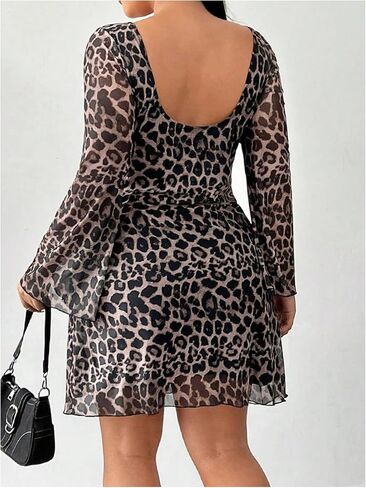 MakeMeChic Women's Plus Size Leopard Print Dress Bell Sleeve Cheetah Print Dress Y2K Mesh Backless Mini Dresses in Kuwait