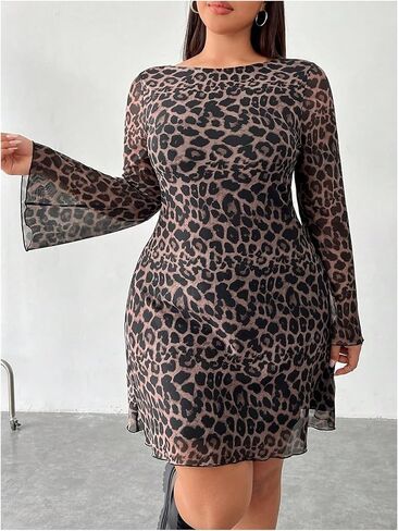 MakeMeChic Women's Plus Size Leopard Print Dress Bell Sleeve Cheetah Print Dress Y2K Mesh Backless Mini Dresses in Kuwait