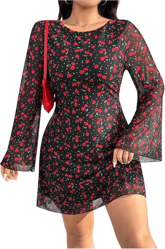 MakeMeChic Women's Plus Size Leopard Print Dress Bell Sleeve Cheetah Print Dress Y2K Mesh Backless Mini Dresses in Kuwait