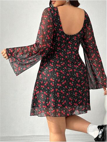 MakeMeChic Women's Plus Size Leopard Print Dress Bell Sleeve Cheetah Print Dress Y2K Mesh Backless Mini Dresses in Kuwait