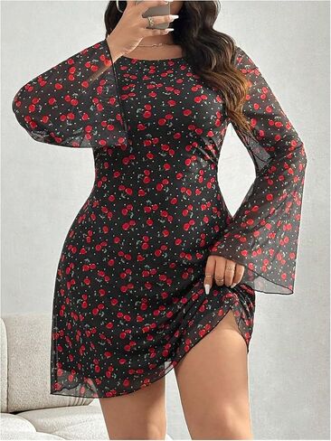 MakeMeChic Women's Plus Size Leopard Print Dress Bell Sleeve Cheetah Print Dress Y2K Mesh Backless Mini Dresses in Kuwait