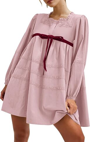 Women Flowy Long Puff Sleeve Mini Dress Casual Square Neck Lace Embroidered Babydoll Dress Bow Tie A-line Tunic Dress in Kuwait