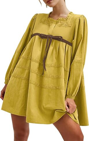 Women Flowy Long Puff Sleeve Mini Dress Casual Square Neck Lace Embroidered Babydoll Dress Bow Tie A-line Tunic Dress in Kuwait