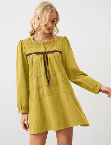 Women Flowy Long Puff Sleeve Mini Dress Casual Square Neck Lace Embroidered Babydoll Dress Bow Tie A-line Tunic Dress in Kuwait