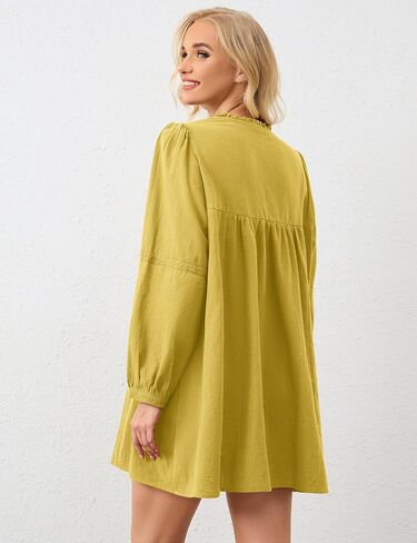 Women Flowy Long Puff Sleeve Mini Dress Casual Square Neck Lace Embroidered Babydoll Dress Bow Tie A-line Tunic Dress in Kuwait