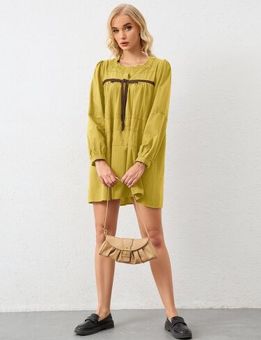 Women Flowy Long Puff Sleeve Mini Dress Casual Square Neck Lace Embroidered Babydoll Dress Bow Tie A-line Tunic Dress in Kuwait