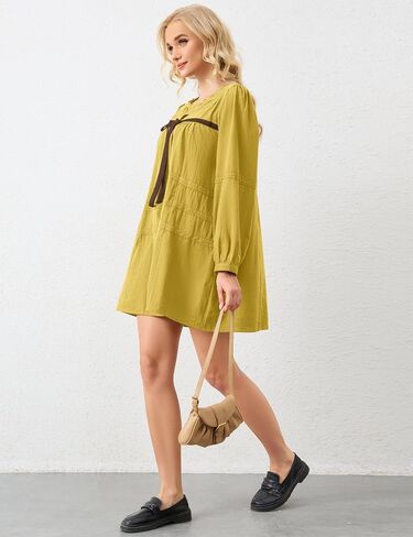 Women Flowy Long Puff Sleeve Mini Dress Casual Square Neck Lace Embroidered Babydoll Dress Bow Tie A-line Tunic Dress in Kuwait