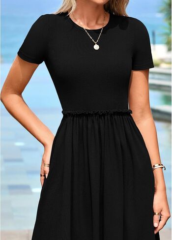 BTFBM Summer Dresses for Women 2025 Casual Spring Ribbed Knit Crewneck Short Sleeve Swing Vacation Beach Mini Dress in Saudi Arabia