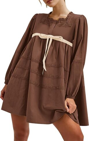 Women Flowy Long Puff Sleeve Mini Dress Casual Square Neck Lace Embroidered Babydoll Dress Bow Tie A-line Tunic Dress in Kuwait