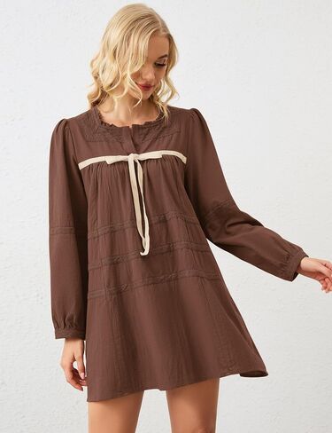 Women Flowy Long Puff Sleeve Mini Dress Casual Square Neck Lace Embroidered Babydoll Dress Bow Tie A-line Tunic Dress in Kuwait