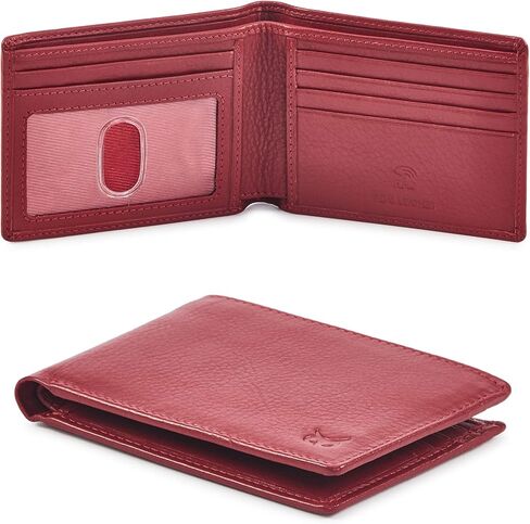 Real Leather Mens Bifold Wallet RFID Blocking Slim Minimalist Front Pocket - Thin & Stylish with ID Window in Gift Box (Nappa, Red) in Kuwait