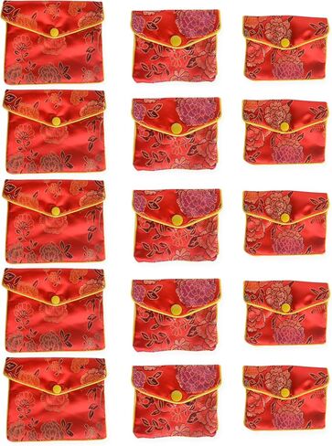Baitaihem 15 Pack Jewelry Purse Pouch Gift Bags Chinese Silk Style Brocade Embroidered Bag,Red(Small&Medium&Large) in Kuwait