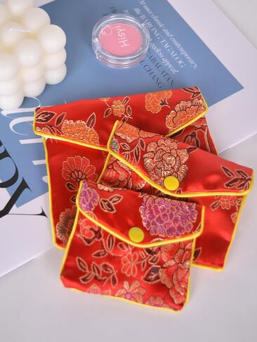 Baitaihem 15 Pack Jewelry Purse Pouch Gift Bags Chinese Silk Style Brocade Embroidered Bag,Red(Small&Medium&Large) in Kuwait