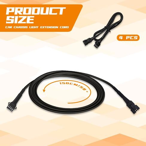 4 قطع سلك تمديد ضوء الصخور، 60 بوصة/150 سم 4 دبوس RGB LED متعدد الألوان لهجة ضوء تمديد كابل سلك مجموعة عالمية لدراجة نارية LED ATV سيارة ضوء متعدد الألوان شريط نيون ضوء الصخور in Kuwait