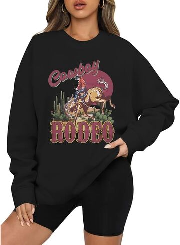 LUKYCILD قمصان غربية للنساء سويت شيرت كبير الحجم وايلد ويست سويت شيرت راعية البقر روديو قميص جرافيك كم طويل بلوفر in Kuwait