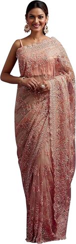 ساري نسائي شبكي مطرز ثقيل من TRENDMALLS مع قطعة بلوزة غير مخيطة (K997-Peach) in Kuwait