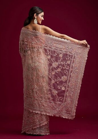 ساري نسائي شبكي مطرز ثقيل من TRENDMALLS مع قطعة بلوزة غير مخيطة (K997-Peach) in Kuwait