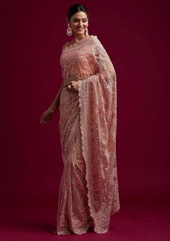 ساري نسائي شبكي مطرز ثقيل من TRENDMALLS مع قطعة بلوزة غير مخيطة (K997-Peach) in Kuwait