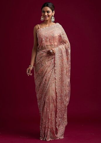 ساري نسائي شبكي مطرز ثقيل من TRENDMALLS مع قطعة بلوزة غير مخيطة (K997-Peach) in Kuwait