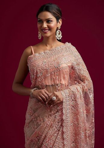 ساري نسائي شبكي مطرز ثقيل من TRENDMALLS مع قطعة بلوزة غير مخيطة (K997-Peach) in Kuwait