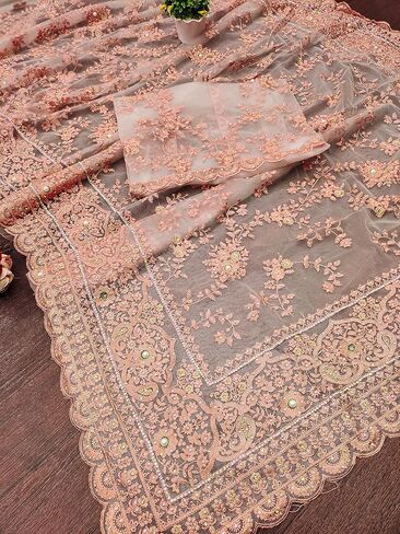 ساري نسائي شبكي مطرز ثقيل من TRENDMALLS مع قطعة بلوزة غير مخيطة (K997-Peach) in Kuwait