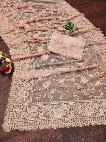 ساري نسائي شبكي مطرز ثقيل من TRENDMALLS مع قطعة بلوزة غير مخيطة (K997-Peach) in Kuwait