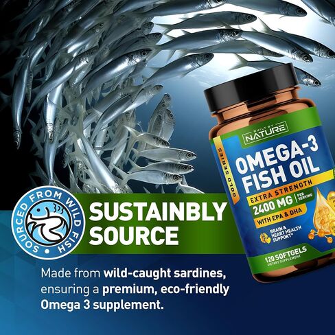 Built by Nature Fish Oil 2400mg with EPA & DHA - Omega 3 Supplement - Supports Heart & Brain Health - Sustainably Sourced Wild Sardines - 60 Softgels in Kuwait