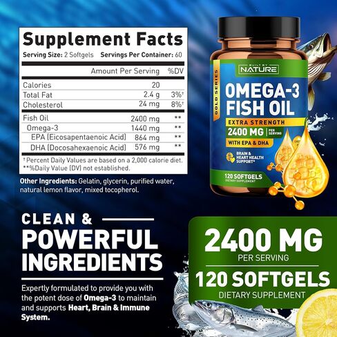 Built by Nature Fish Oil 2400mg with EPA & DHA - Omega 3 Supplement - Supports Heart & Brain Health - Sustainably Sourced Wild Sardines - 60 Softgels in Kuwait