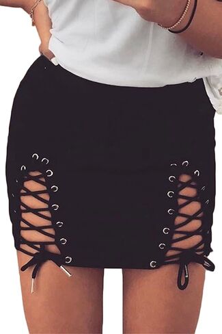 Meyeeka Womens Sexy High Waist Lace Up Bodycon Faux Suede Split Tight Mini Skirt in Kuwait