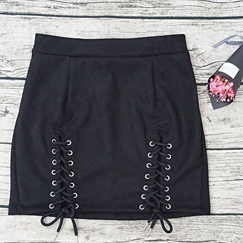 Meyeeka Womens Sexy High Waist Lace Up Bodycon Faux Suede Split Tight Mini Skirt in Kuwait