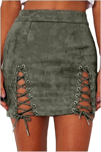 Meyeeka Womens Sexy High Waist Lace Up Bodycon Faux Suede Split Tight Mini Skirt in Kuwait