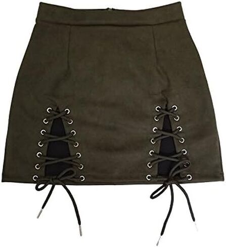 Meyeeka Womens Sexy High Waist Lace Up Bodycon Faux Suede Split Tight Mini Skirt in Kuwait