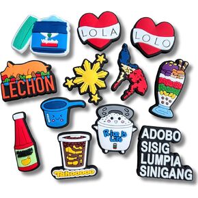 12 PCS Filipino Shoe Charms, Shoe Charms for Clog Shoes, Cute Shoe Charms, Birthday Gift, Party Favors, Stocking Stuffer for Adult Kids Men Women Girls, Red, Blue, Yellow, Green