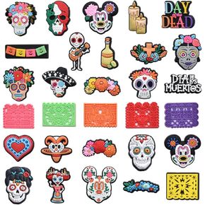 WOLWES Day of the Dead Shoe Charms for Women Men Classic Skull Design Flower Cute Shoe Charms for Clog Sandals Wristband Bracelets Party Decoration Gifts 30Pcs in Kuwait