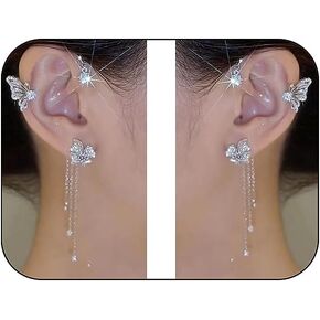 1Pairs Ear Cuff Earrings for Women, No Piercing Rhinestone Butterfly Tassel Style Earrings Ear Clip Wrap Around Fake Dangle Drop Earrings Jewelry Gift