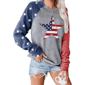 Womens Star Print Colorblock Shirt Long Sleeve American Flag 4th of July Pullvoer Blouse Tops