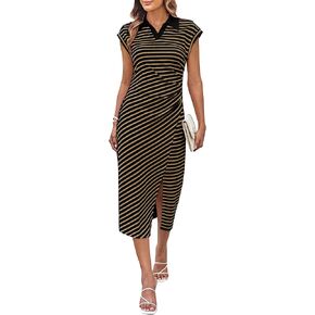 GRACE KARIN Womens 2025 Summer Striped Bodycon Dress V Neck Side Slit Ruched Bodycon Casual Midi Dresses