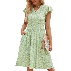 YATHON Casual Dresses for Women 2024 Cute Summer Floral Fit and Flare Cap Sleeve A Line Knee Length Dress with Pocket