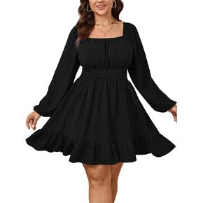 Womens Plus Size Dress Long Lantern Sleeve Square Neck Elastic Waist A-Line Mini Short Dress