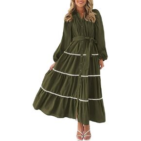 PRETTYGARDEN Womens Casual Dresses Loose Belted Long Lantern Sleeve Tiered Button Down Maxi Shirt Dress with Pockets