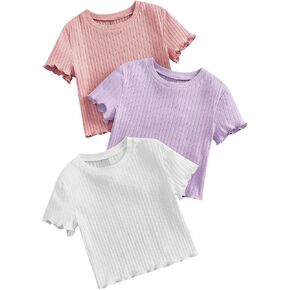OYOANGLE Girl's 3Pcs Rib-Knit Short Sleeve Crop Top Crew Neck Lettuce Trim Crop Tee Top Black White Blue 7Y in Kuwait