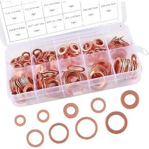 Pack-200 Car Oil Drain Plug Gasket Combination Set, M5 M6 M8 M10 M12 M14 9 Sizes of Oil Pan Plug Sealing Washer, Copper Crushing Gasket with Storage Box, Universal for Most Cars (Gold)