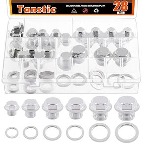 Tanstic 28 Sets Oil Drain Plug Stainless Steel Oil Drain Plug with Aluminum Crush Washer for Honda Toyota Hyundai and More Vehicle(M10 M12 M14 M16 M18 M20)
