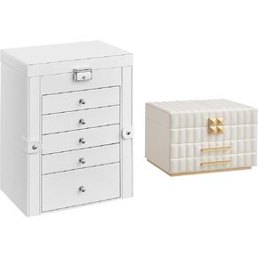 SONGMICS 6-Tier Jewelry Organizer and 3-Tier Jewelry Box Bundle, Large Storage Capacity, with Drawers and Mirror, PU Surface with Stitching, Gift, Cloud White UJBC152W01 and UJBC183W01