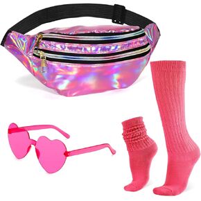 Holographic Fanny Packs for Women Men,80s 90s Fanny Pack,Purple Heart Shaped Sunglasses,Purple Socks,Crossbody Fanny Packs for Women,Metallic Color Sport Waistbag,Purple Fanny Pack,Shiny Waist Pack