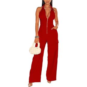 LAGSHIAN Women's Sexy V Neck Halter Backless Rompers Sleeveless Zipper Wide Leg Jumpsuits With Pockets