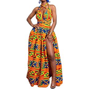 Vimoisa Women's Sexy Boho African Dress Long Maxi Dress V-Neck Multi-Way Dress Pleated Dresses Floral Print