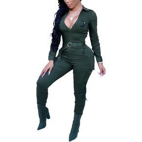 Women's Sexy Bodycon Jumpsuits V Neck Long Sleeve High Waisted Slim Fit Long Romper with Pockets Belt